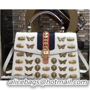 Good Product Gucci Sylvie Metal Animal Insects Studs Leather Top Handle Medium Bag 431665 White 2017