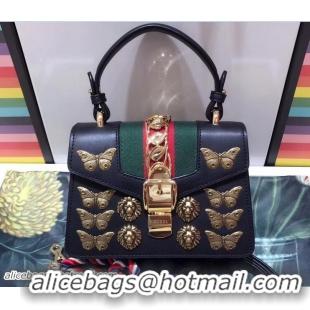 Best Product Gucci Sylvie Metal Animal Insects Studs Leather Top Handle Mini Bag 470270 Black 2017