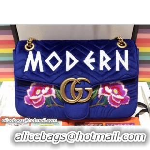 Purchase Gucci GG Marmont Embroidered Modern And Rose Velvet Chevron Medium Shoulder Bag 443496 Blue 2017