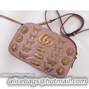 Luxurious Gucci GG Marmont Metal Animal Insects Studs Shoulder Small Bag 447632 Nude Pink 2017