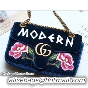 Good Quality Gucci GG Marmont Chevron Velvet Small Chain Shoulder Bag 443497 Embroidered Modern And Rose Blue 2017