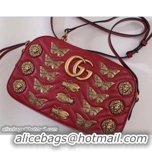 Top Design Gucci GG Marmont Metal Animal Insects Studs Shoulder Small Bag 447632 Red 2017