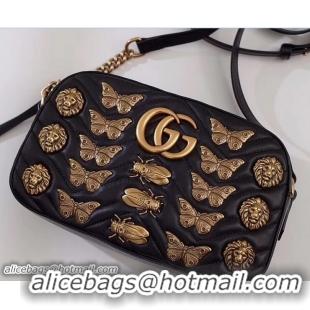 Popular Style Gucci GG Marmont Metal Animal Insects Studs Shoulder Small Bag 447632 Black 2017