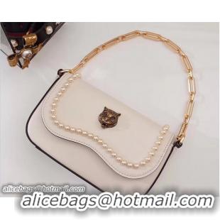 Popular Style Gucci Pearl Embellished Tiger Broadway Chain Shoulder Bag 476804 White 2017