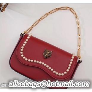 Unique Style Gucci Pearl Embellished Tiger Broadway Chain Shoulder Bag 476804 Red 2017