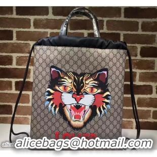 Cheap Design Gucci GG Supreme Drawstring Backpack Bag 473872 Embroidered Loved Angry Cat 2017