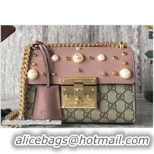 Grade Gucci Padlock Shoulder Small bag 432182 GG Supreme Pearl Studs Pink 2017