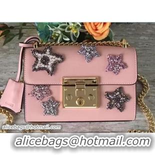 Charming Gucci Padlock Shoulder Small bag 432182 Crystal Embroidered Star Pink 2017