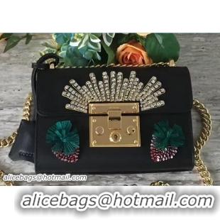 Good Looking Gucci Padlock Shoulder Small bag 432182 Embroidered Crystal Black 2017