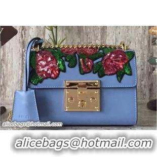 Top Design Gucci Padlock Shoulder Small bag 432182 Rose Embroidered Sequins Light Blue 2017