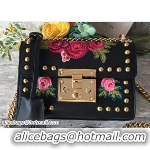 Good Quality Gucci Padlock Shoulder Small bag 432182 Rose Embroidered Black 2017