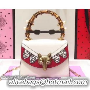 Sumptuous Gucci Fox Head Broche Top Handle Mini Bag 466428 Leather White 2017