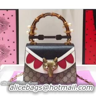 Classic Hot Gucci Fox Head Broche Top Handle Mini Bag 466428 GG Supreme 2017