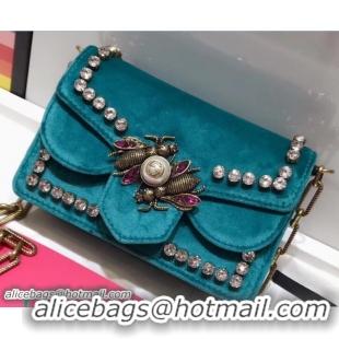 Purchase Gucci Broadway Crystals And Metal Bees Velvet Mini Bag 489218 Turquoise 2017