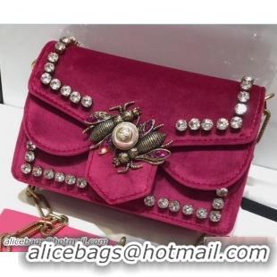 Popular Style Gucci Broadway Crystals And Metal Bees Velvet Mini Bag 489218 Fuchsia 2017