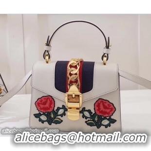 Popular Style Gucci Sylvie Leather Top Handle Shoulder Mini Bag 470270 White/Flower 2018