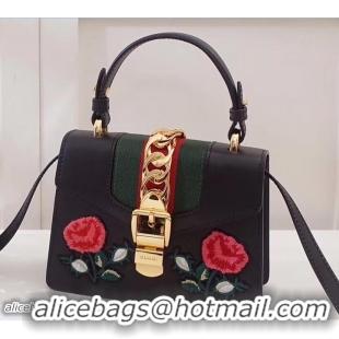 Shop Duplicate Gucci Sylvie Leather Top Handle Shoulder Mini Bag 470270 Black/Flower 2018