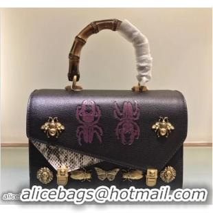 Luxury Gucci Metal Bee Insect Print Ottilia Leather Small Top Handle Bag 488715 Black 2018