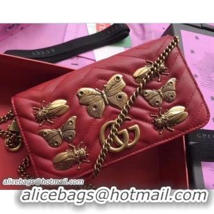 Luxury Discount Gucci GG Marmont Metal Animal Insects Studs Mini Bag 488426 Red 2018