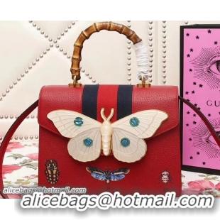 Cheap Price Gucci Web Moth Leather Medium Top Handle Bag 488691 Red 2018