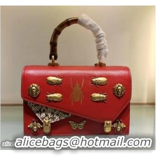 Shop Duplicate Gucci Metal Bee Insect Print Ottilia Leather Small Top Handle Bag 488715 Red 2018