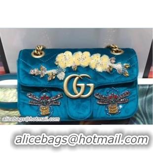 Shop Gucci GG Marmont Chevron Embroidered Crystal Dragonfly and Flower Velvet Mini Bag 446744 Turquoise 2018