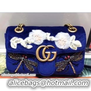 Sophisticated Gucci GG Marmont Chevron Embroidered Crystal Dragonfly and Flower Velvet Mini Bag 446744 Blue 2018