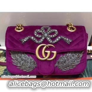 Luxury Gucci GG Marmont Chevron Embroidered Crystal Bow and Feather Velvet Mini Bag 446744 Bordeaux 2018