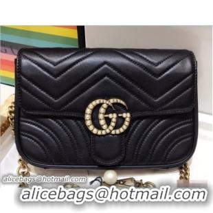 Perfect Gucci Pearls GG Marmont Matelassé Chevron Mini Chain Shoulder Belt Bag 446744/476809 Black 2018