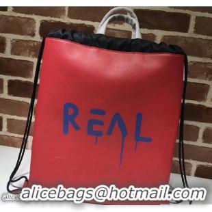 Original Cheap Gucci Real GucciGhost Drawstring Backpack Bag 474210 Red 2018