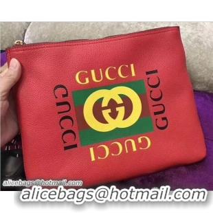 Good Quality Gucci Print Leather Vintage Logo Medium Portfolio Pouch Clutch Bag 500981 Red 2018