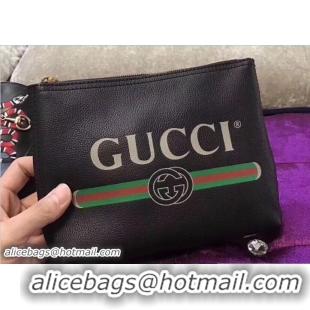 Best Grade Gucci Print Leather Vintage Logo Small Portfolio Pouch Clutch Bag 495665 Black 2018