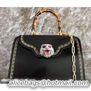 Crafted Gucci Frame Print Glossy Leather Top Handle Bag 495881 Black