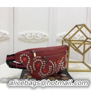 Luxurious Gucci Web Leather Belt Bag Red With Crystals 484683 2018