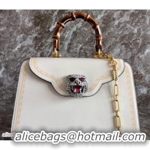 Stylish Gucci Frame Print Glossy Leather Top Handle Bag 495881 White