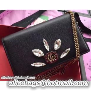 Top Grade Gucci Leather Mini Chain Bag With Double G And Crystals 499782 Black 2018