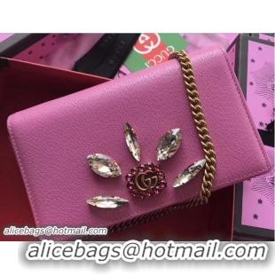 Luxury Gucci Leather Mini Chain Bag With Double G And Crystals 499782 Pink 2018