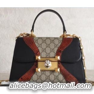 Best Grade Gucci GG Supreme and Leather Osiride Small Top Handle Bag 497996 Black/Snake 2018