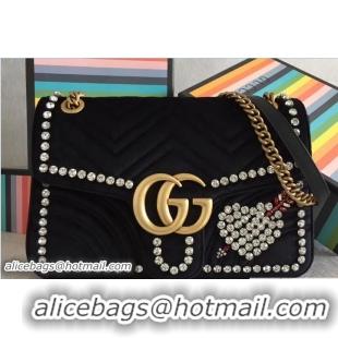 Fashionable Gucci GG Marmont Crystals Heart Velvet Chevron Medium Shoulder Bag 443496 Black 2018