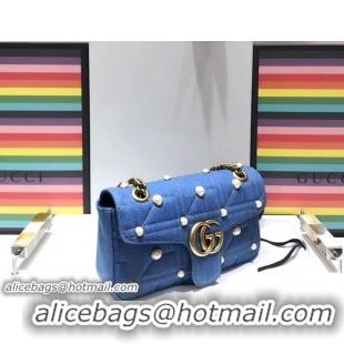 Well Crafted Gucci GG Marmont Pearl Studs Matelassé Small Shoulder Bag 443497 Denim Blue 2018