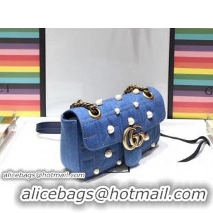 Discount Gucci GG Marmont Pearl Studs Matelassé Mini Shoulder Bag 446744 Denim Blue 2018