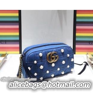 Unique Gucci GG Marmont Pearl Studs Matelassé Small Shoulder Bag 447632 Denim Blue 2018