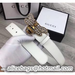 Fashion Style Gucci Width 3.5cm Metal Bee With Pearls Crystals Buckle Belt 20701 White