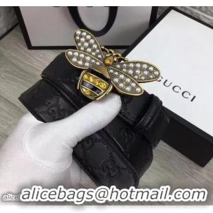 Fashion Gucci Width 3.5cm Metal Bee With Pearls Crystals Buckle Guccissima Belt 20701 Black