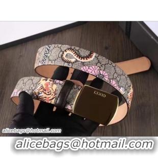 Good Quality Gucci Width 3.5cm GG Canvas Embroidered Felid Metal Buckle Belt 20702 Pink