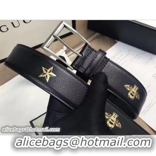 Duplicate Gucci Width 38mm Bees and Stars Leather Belt 495125 Black with Silver Hardware 2018