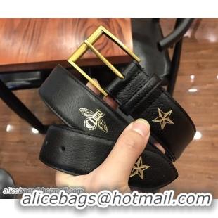 Stylish Gucci Width 38mm Bees and Stars Leather Belt 495125 Black with Gold Hardware 2018