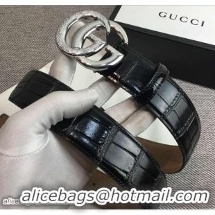 Crafted Gucci Width 3.8cm Croco Pattern Leather Belt with Double G Buckle Silver Hardware 20822 2018