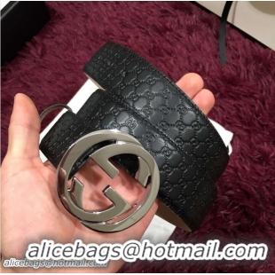 Super Gucci Width 3.8cm Signature Leather Belt with Interlocking G Buckle Silver Hardware 20824 2018