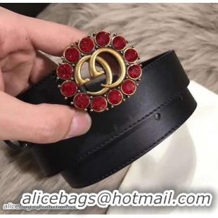 Shop Cheap Gucci Width 3cm Leather Belt with Double G and Red Crystals Buckle 20818 2018